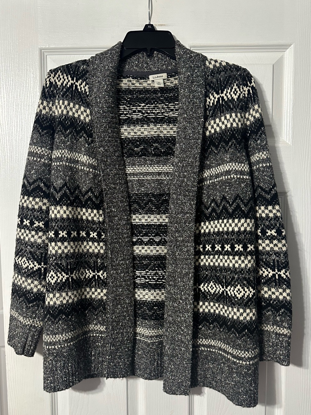 L.L. Bean Women's Black, Gray & White Fair Isle Open Cardigan